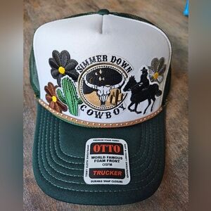 NWT OTTO Green and White Western Cowboy Trucker Hat With Embroidered Patchs